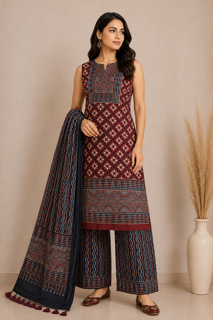 Ajrakh Modal Silk Natural Dye Hand Block Print Dress Material with Full Ajrakh Heavy Dupatta - with Tassels - 2.5 Mt Top    -  SKU : AI02502C