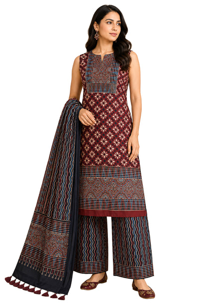Ajrakh Modal Silk Natural Dye Hand Block Print Dress Material with Full Ajrakh Heavy Dupatta - with Tassels - 2.5 Mt Top    -  SKU : AI02502C