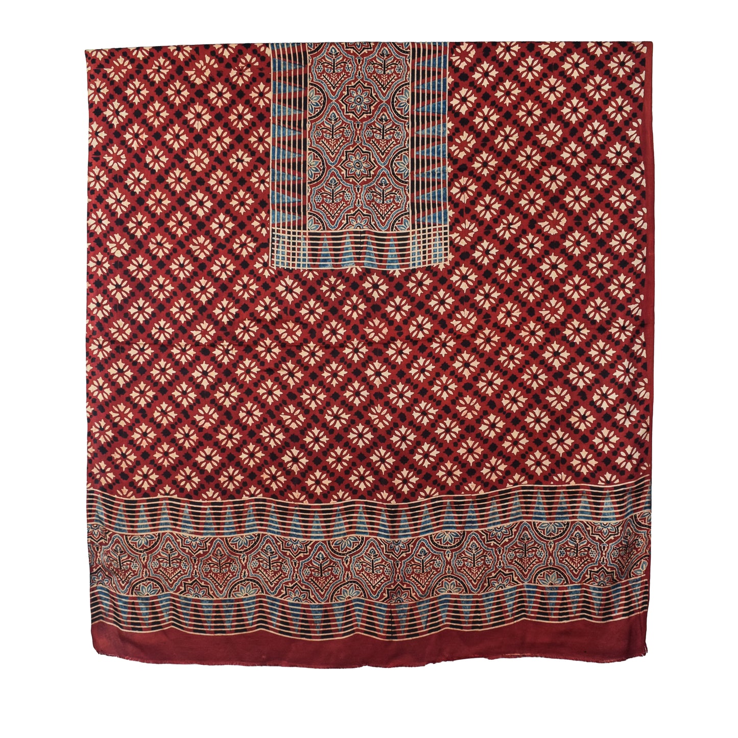 Ajrakh Modal Silk Natural Dye Hand Block Print Dress Material with Full Ajrakh Heavy Dupatta - with Tassels - 2.5 Mt Top    -  SKU : AI02502C
