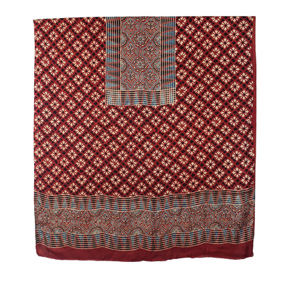 Ajrakh Modal Silk Natural Dye Hand Block Print Dress Material with Full Ajrakh Heavy Dupatta - with Tassels - 2.5 Mt Top    -  SKU : AI02502C