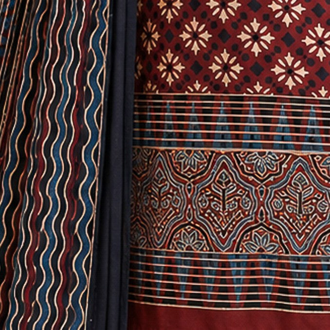 Ajrakh Modal Silk Natural Dye Hand Block Print Dress Material with Full Ajrakh Heavy Dupatta - with Tassels - 2.5 Mt Top    -  SKU : AI02502C