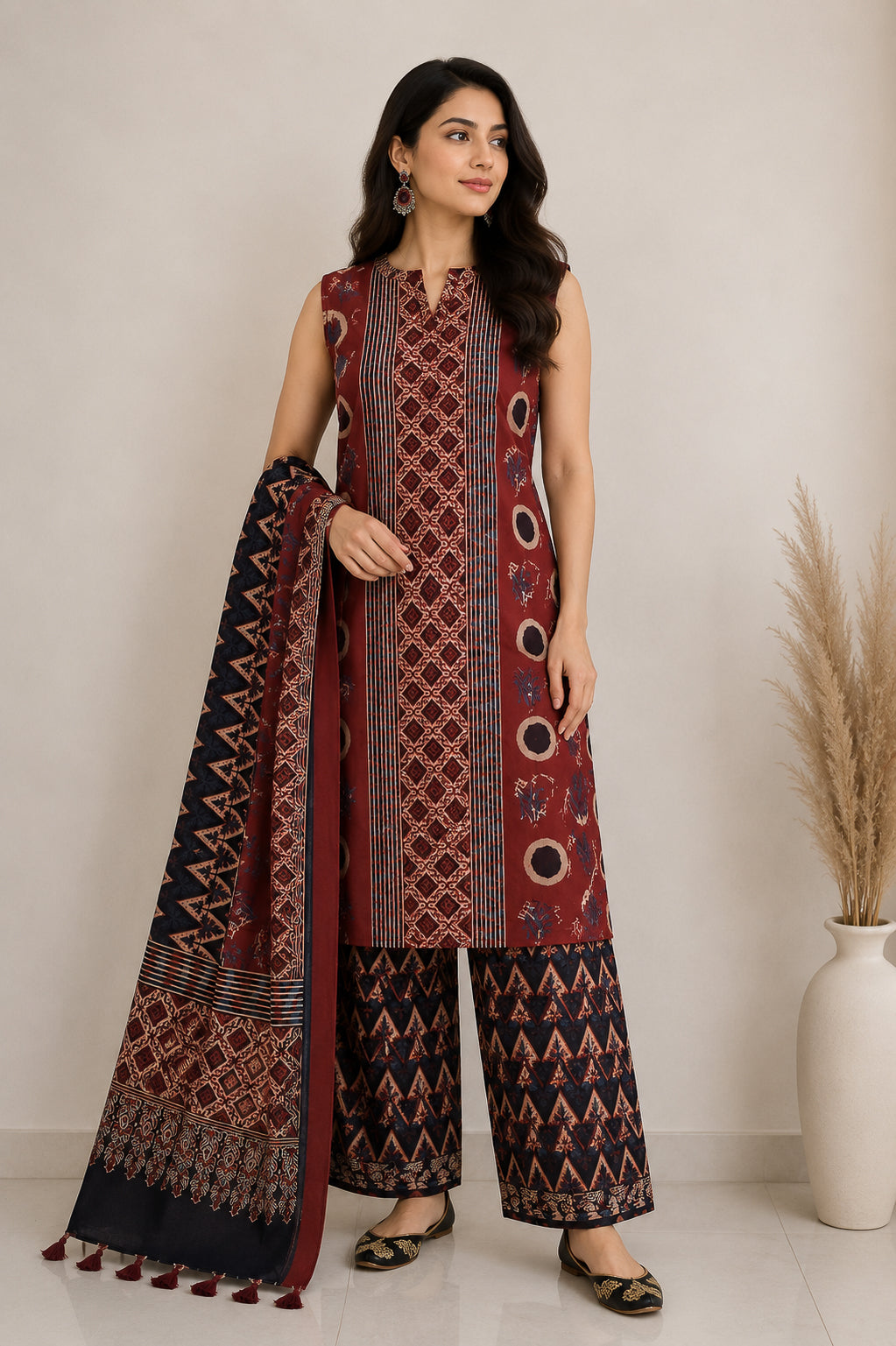 Ajrakh Modal Silk Natural Dye Hand Block Print Dress Material with Full Ajrakh Heavy Dupatta - with Tassels - 2.5 Mt Top    -  SKU : AI02502H
