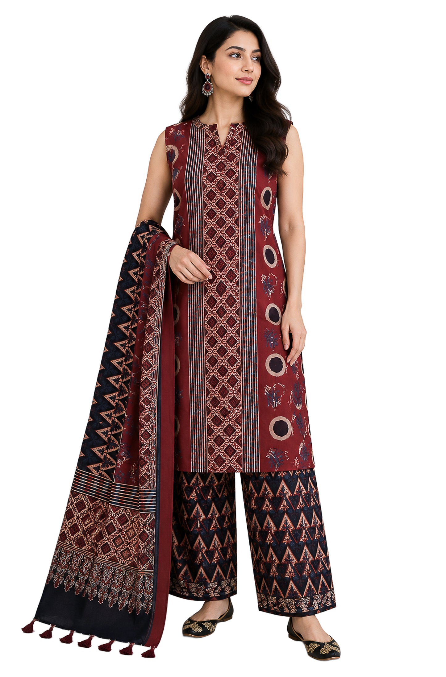 Ajrakh Modal Silk Natural Dye Hand Block Print Dress Material with Full Ajrakh Heavy Dupatta - with Tassels - 2.5 Mt Top    -  SKU : AI02502H