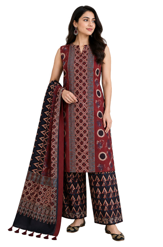 Ajrakh Modal Silk Natural Dye Hand Block Print Dress Material with Full Ajrakh Heavy Dupatta - with Tassels - 2.5 Mt Top    -  SKU : AI02502H