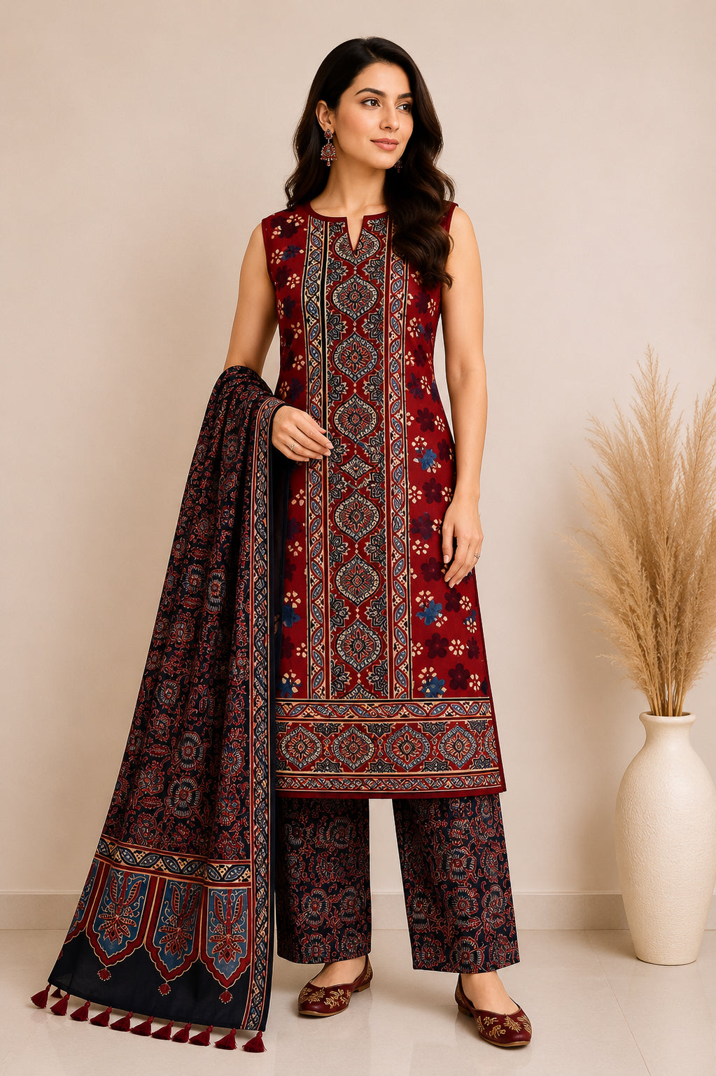 Ajrakh Modal Silk Natural Dye Hand Block Print Dress Material with Full Ajrakh Heavy Dupatta - with Tassels - 2.5 Mt Top    -  SKU : AI02502M