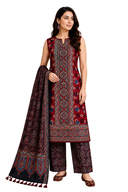 Ajrakh Modal Silk Natural Dye Hand Block Print Dress Material with Full Ajrakh Heavy Dupatta - with Tassels - 2.5 Mt Top    -  SKU : AI02502M