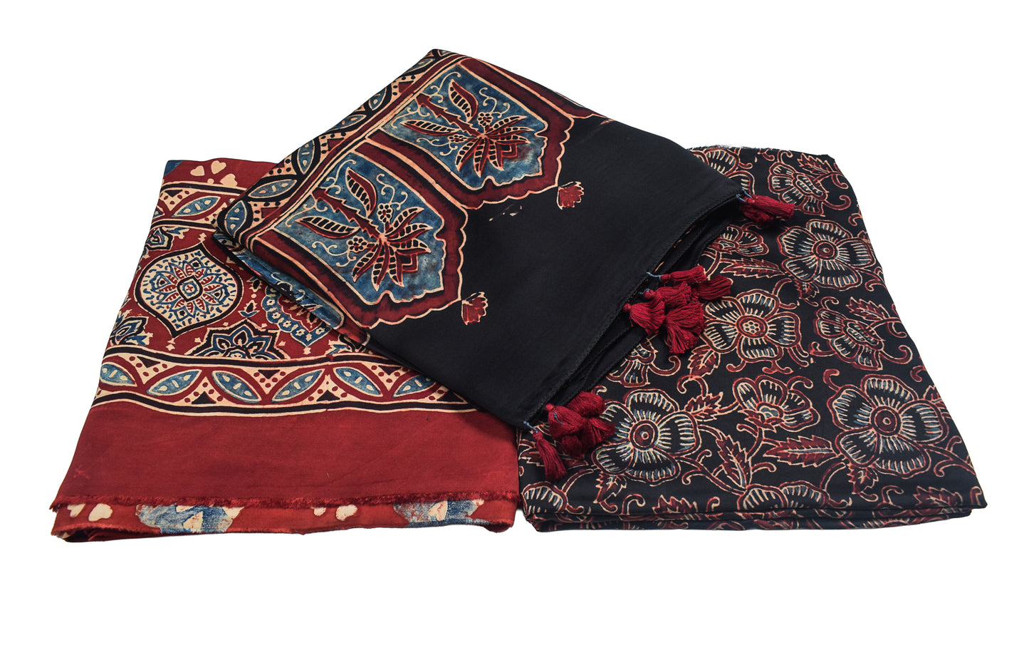 Ajrakh Modal Silk Natural Dye Hand Block Print Dress Material with Full Ajrakh Heavy Dupatta - with Tassels - 2.5 Mt Top    -  SKU : AI02502M