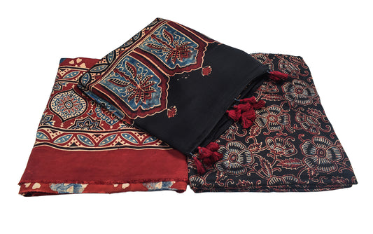 Ajrakh Modal Silk Natural Dye Hand Block Print Dress Material with Full Ajrakh Heavy Dupatta - with Tassels - 2.5 Mt Top    -  SKU : AI02502M