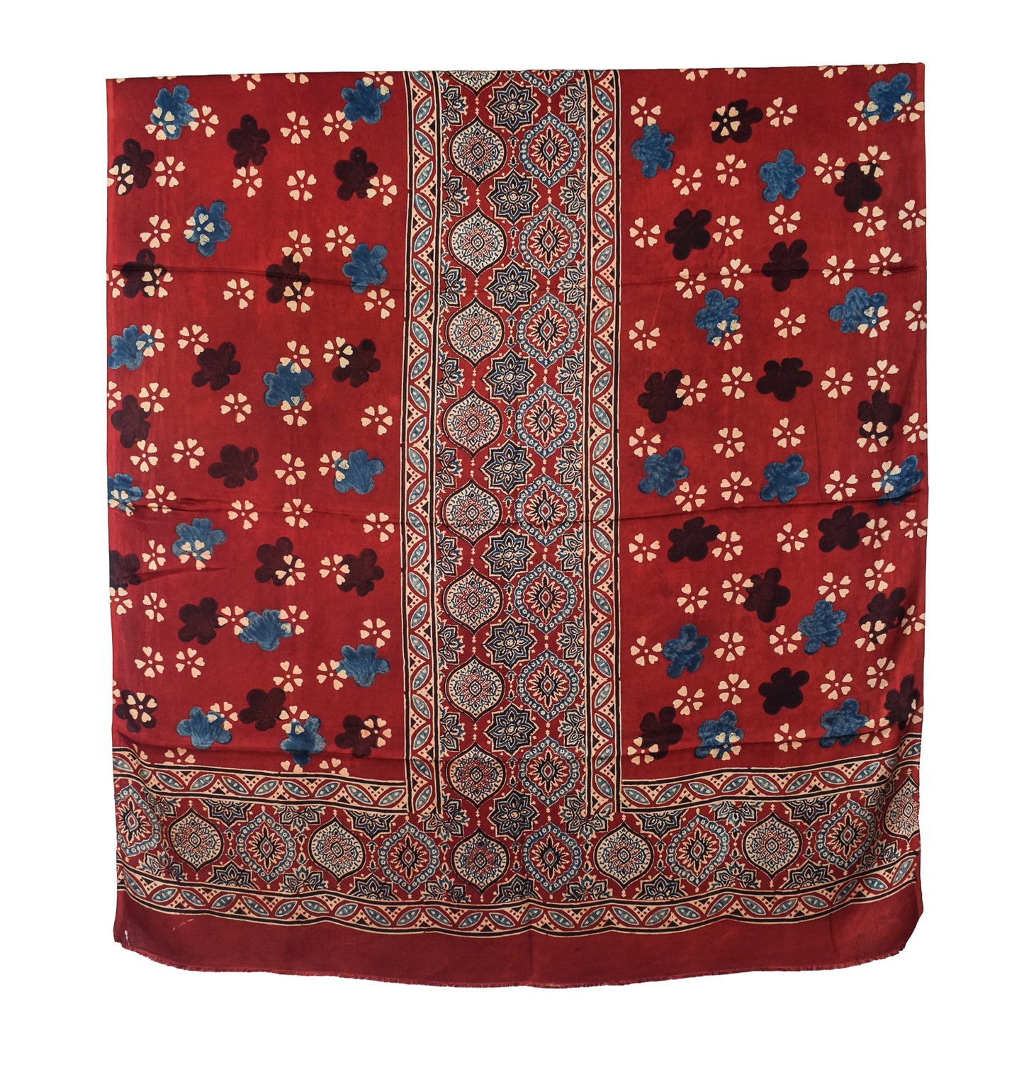 Ajrakh Modal Silk Natural Dye Hand Block Print Dress Material with Full Ajrakh Heavy Dupatta - with Tassels - 2.5 Mt Top    -  SKU : AI02502M