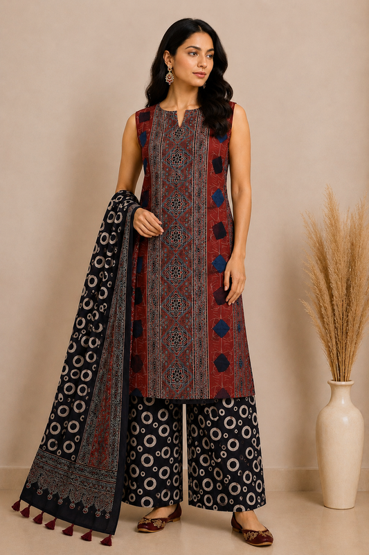 Ajrakh Modal Silk Natural Dye Hand Block Print Dress Material with Full Ajrakh Heavy Dupatta - with Tassels - 2.5 Mt Top    -  SKU : AI02502R