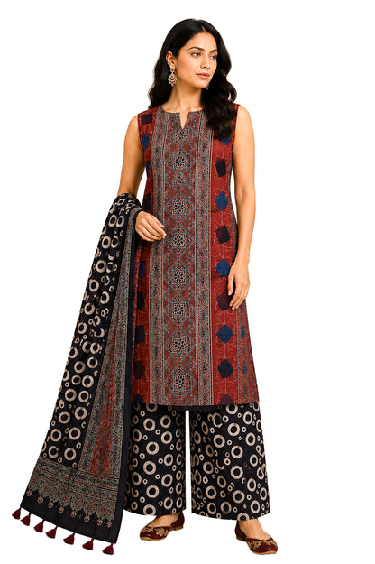 Ajrakh Modal Silk Natural Dye Hand Block Print Dress Material with Full Ajrakh Heavy Dupatta - with Tassels - 2.5 Mt Top    -  SKU : AI02502R