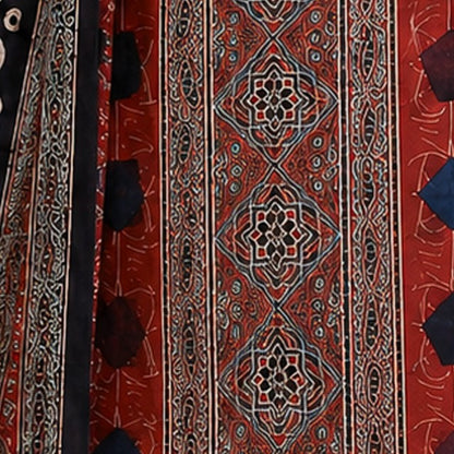 Ajrakh Modal Silk Natural Dye Hand Block Print Dress Material with Full Ajrakh Heavy Dupatta - with Tassels - 2.5 Mt Top    -  SKU : AI02502R