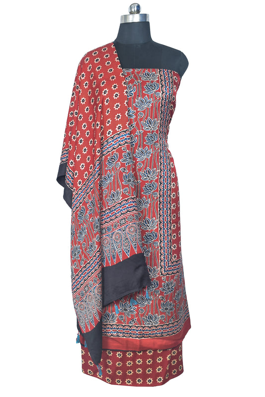 Ajrakh Modal Silk Natural Dye Hand Block Print Dress Material with Full Ajrakh Heavy Dupatta - with Tassels - 2.5 Mt Top    -  SKU : AI17301M