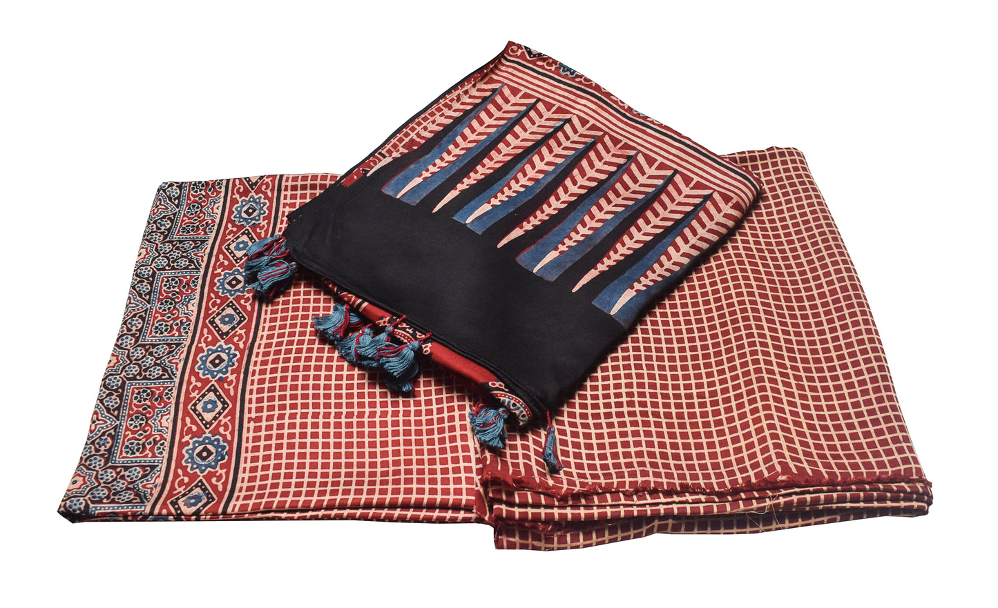 Ajrakh Modal Silk Natural Dye Hand Block Print Dress Material with Full Ajrakh Heavy Dupatta - with Tassels - 2.5 Mt Top    -  SKU : AI17301Q