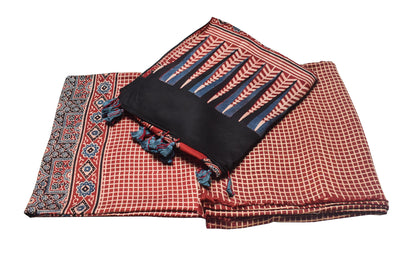 Ajrakh Modal Silk Natural Dye Hand Block Print Dress Material with Full Ajrakh Heavy Dupatta - with Tassels - 2.5 Mt Top    -  SKU : AI17301Q