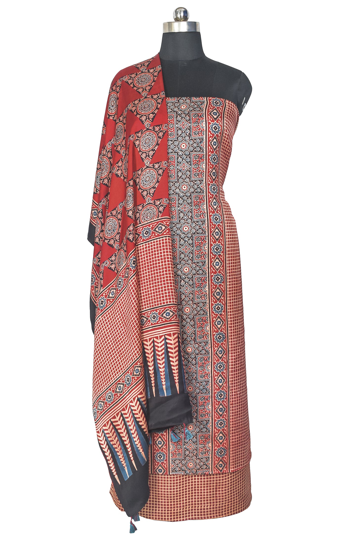 Ajrakh Modal Silk Natural Dye Hand Block Print Dress Material with Full Ajrakh Heavy Dupatta - with Tassels - 2.5 Mt Top    -  SKU : AI17301Q