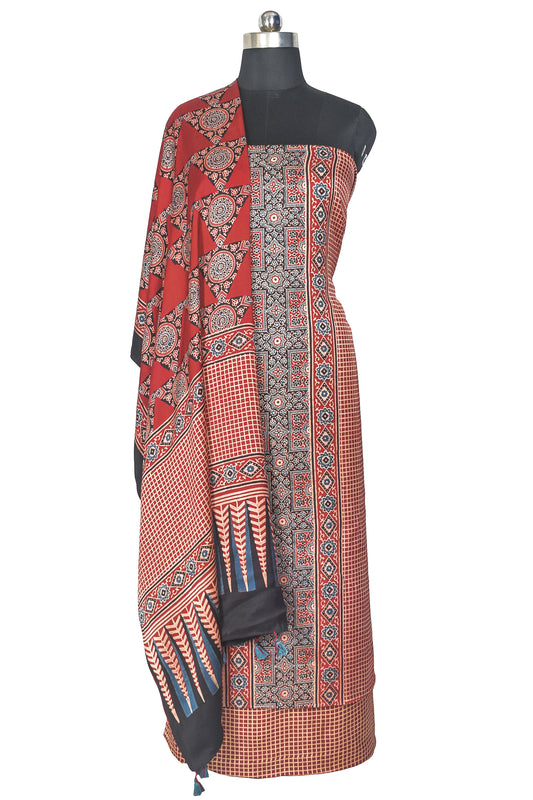 Ajrakh Modal Silk Natural Dye Hand Block Print Dress Material with Full Ajrakh Heavy Dupatta - with Tassels - 2.5 Mt Top    -  SKU : AI17301Q