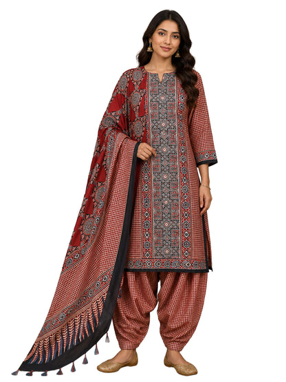 Ajrakh Modal Silk Natural Dye Hand Block Print Dress Material with Full Ajrakh Heavy Dupatta - with Tassels - 2.5 Mt Top    -  SKU : AI17301Q