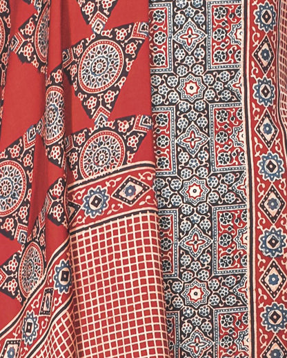 Ajrakh Modal Silk Natural Dye Hand Block Print Dress Material with Full Ajrakh Heavy Dupatta - with Tassels - 2.5 Mt Top    -  SKU : AI17301Q