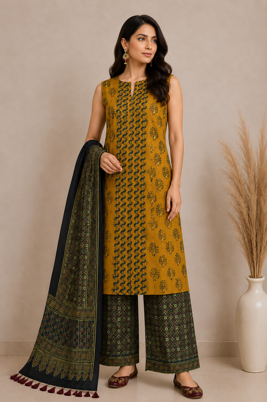 Ajrakh Modal Silk Natural Dye Hand Block Print Dress Material with Full Ajrakh Heavy Dupatta - with Tassels - 2.5 Mt Top    -  SKU : AI02502F