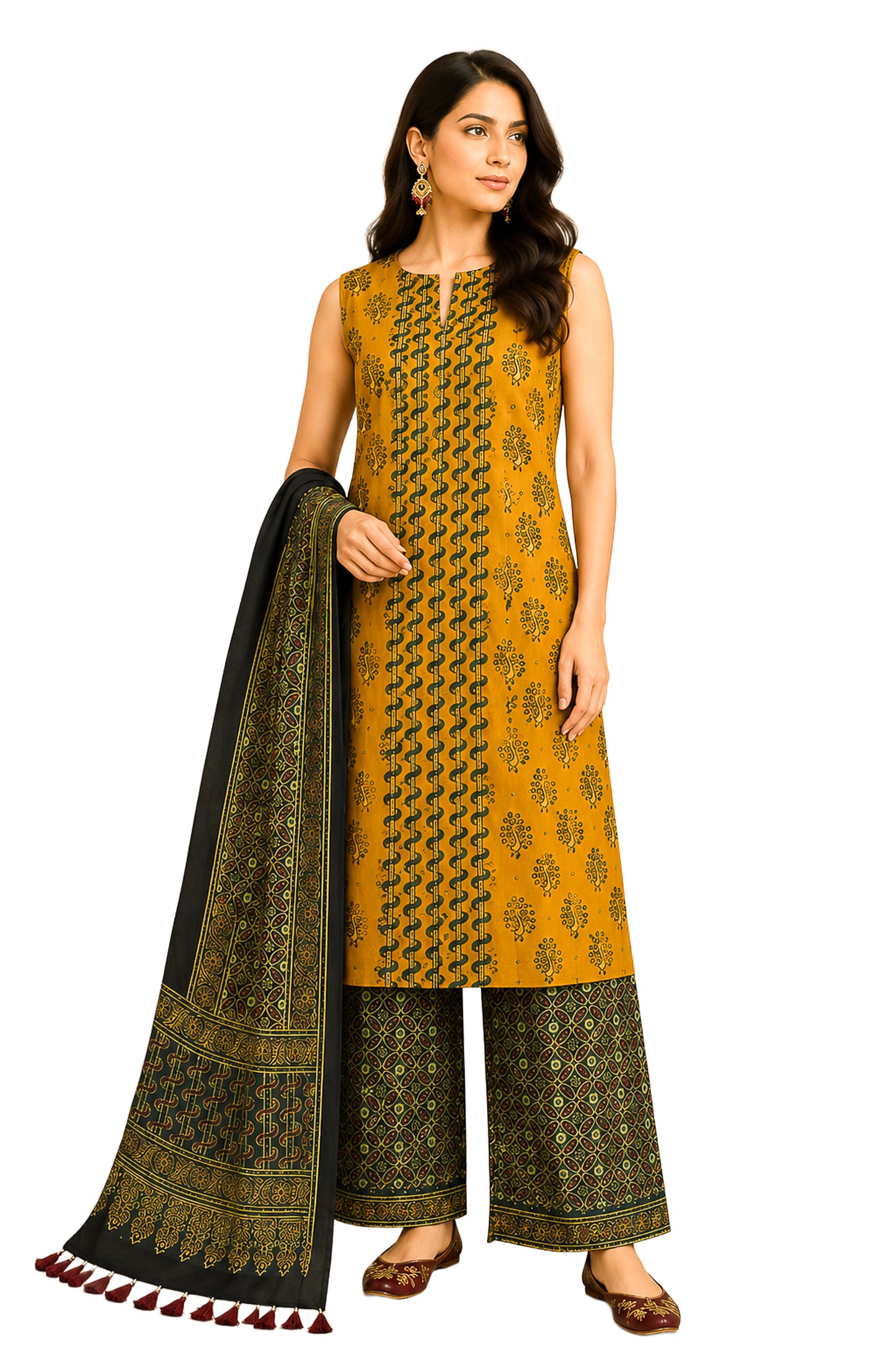 Ajrakh Modal Silk Natural Dye Hand Block Print Dress Material with Full Ajrakh Heavy Dupatta - with Tassels - 2.5 Mt Top    -  SKU : AI02502F