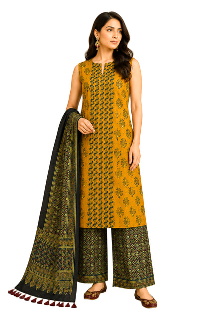 Ajrakh Modal Silk Natural Dye Hand Block Print Dress Material with Full Ajrakh Heavy Dupatta - with Tassels - 2.5 Mt Top    -  SKU : AI02502F