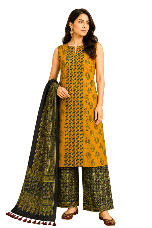 Ajrakh Modal Silk Natural Dye Hand Block Print Dress Material with Full Ajrakh Heavy Dupatta - with Tassels - 2.5 Mt Top    -  SKU : AI02502F