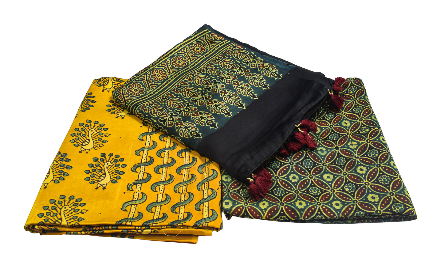 Ajrakh Modal Silk Natural Dye Hand Block Print Dress Material with Full Ajrakh Heavy Dupatta - with Tassels - 2.5 Mt Top    -  SKU : AI02502F
