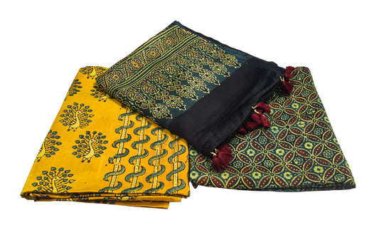 Ajrakh Modal Silk Natural Dye Hand Block Print Dress Material with Full Ajrakh Heavy Dupatta - with Tassels - 2.5 Mt Top    -  SKU : AI02502F