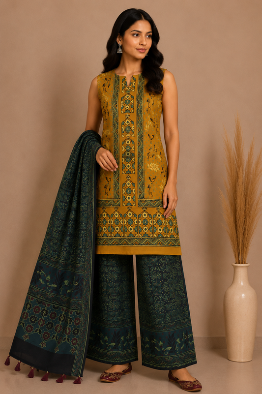 Ajrakh Modal Silk Natural Dye Hand Block Print Dress Material with Full Ajrakh Heavy Dupatta - with Tassels - 2.5 Mt Top    -  SKU : AI02502K