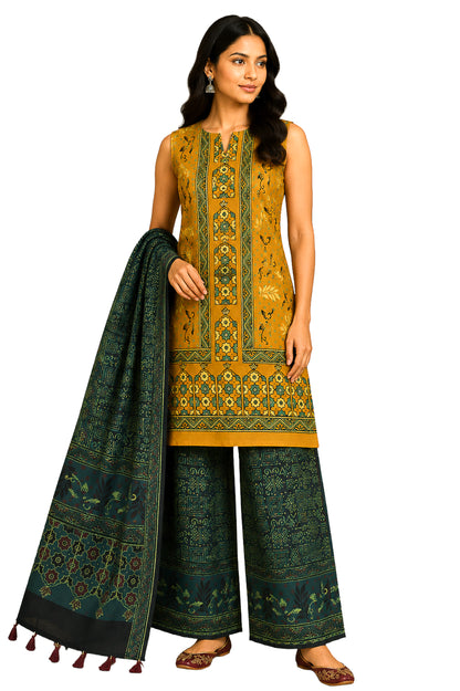 Ajrakh Modal Silk Natural Dye Hand Block Print Dress Material with Full Ajrakh Heavy Dupatta - with Tassels - 2.5 Mt Top    -  SKU : AI02502K