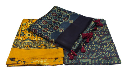 Ajrakh Modal Silk Natural Dye Hand Block Print Dress Material with Full Ajrakh Heavy Dupatta - with Tassels - 2.5 Mt Top    -  SKU : AI02502K