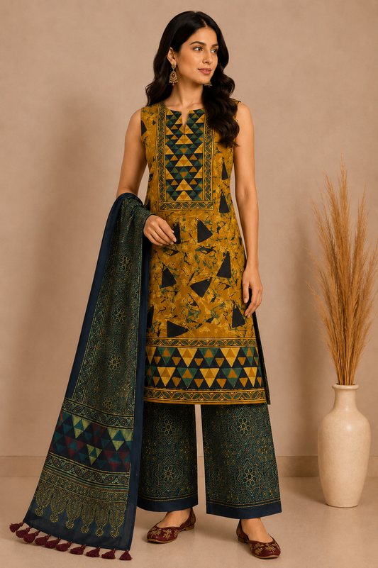 Ajrakh Modal Silk Natural Dye Hand Block Print Dress Material with Full Ajrakh Heavy Dupatta - with Tassels - 2.5 Mt Top    -  SKU : AI02502P