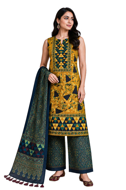 Ajrakh Modal Silk Natural Dye Hand Block Print Dress Material with Full Ajrakh Heavy Dupatta - with Tassels - 2.5 Mt Top    -  SKU : AI02502P