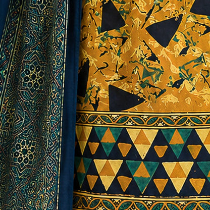 Ajrakh Modal Silk Natural Dye Hand Block Print Dress Material with Full Ajrakh Heavy Dupatta - with Tassels - 2.5 Mt Top    -  SKU : AI02502P