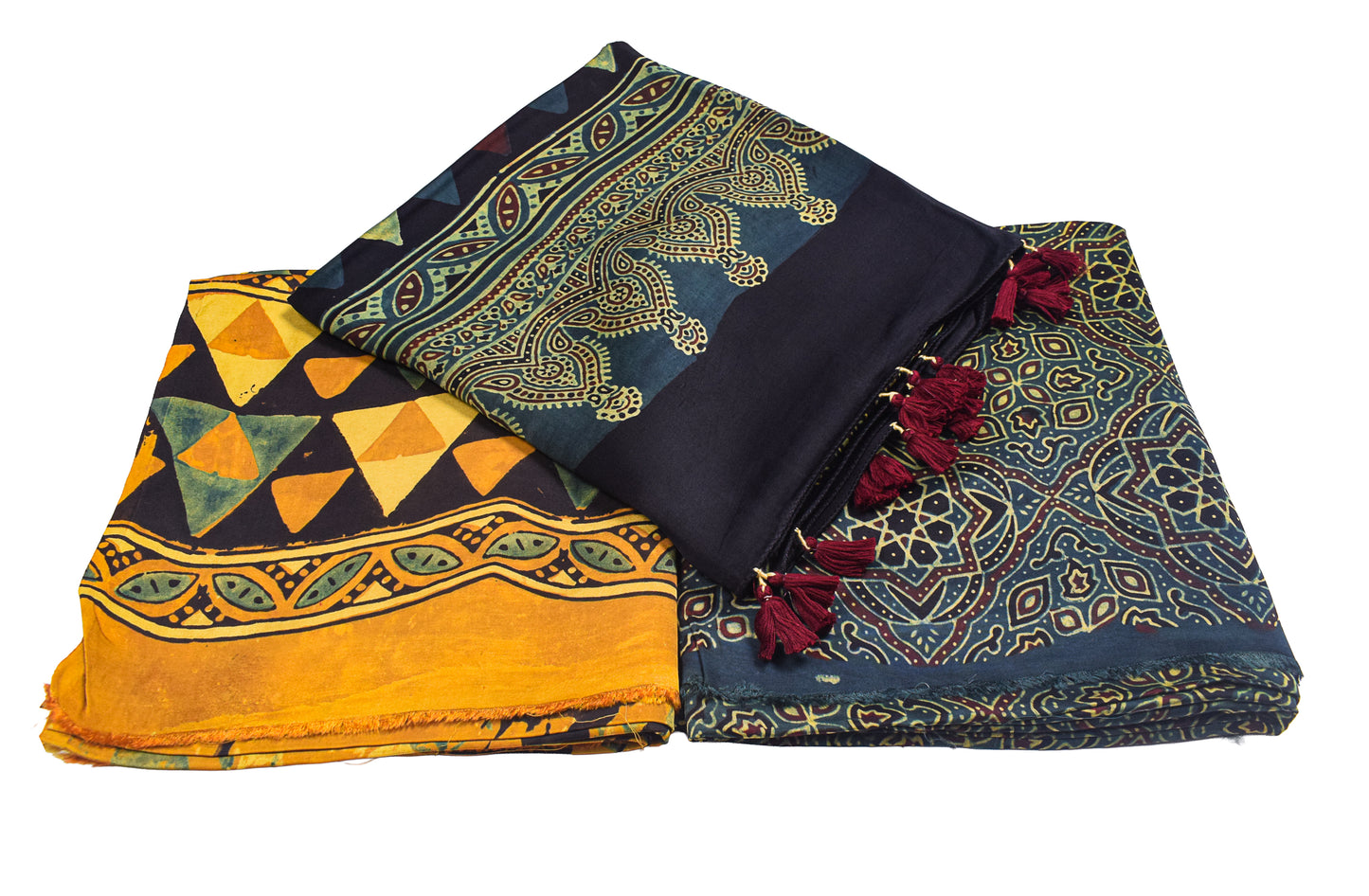 Ajrakh Modal Silk Natural Dye Hand Block Print Dress Material with Full Ajrakh Heavy Dupatta - with Tassels - 2.5 Mt Top    -  SKU : AI02502P