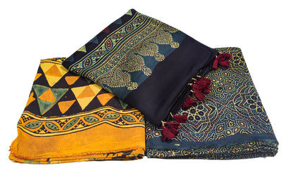 Ajrakh Modal Silk Natural Dye Hand Block Print Dress Material with Full Ajrakh Heavy Dupatta - with Tassels - 2.5 Mt Top    -  SKU : AI02502P