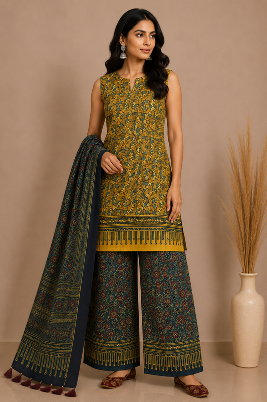 Ajrakh Modal Silk Natural Dye Hand Block Print Dress Material with Full Ajrakh Heavy Dupatta - with Tassels - 2.5 Mt Top    -  SKU : AI02502U