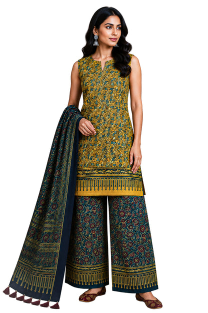 Ajrakh Modal Silk Natural Dye Hand Block Print Dress Material with Full Ajrakh Heavy Dupatta - with Tassels - 2.5 Mt Top    -  SKU : AI02502U