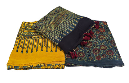 Ajrakh Modal Silk Natural Dye Hand Block Print Dress Material with Full Ajrakh Heavy Dupatta - with Tassels - 2.5 Mt Top    -  SKU : AI02502U