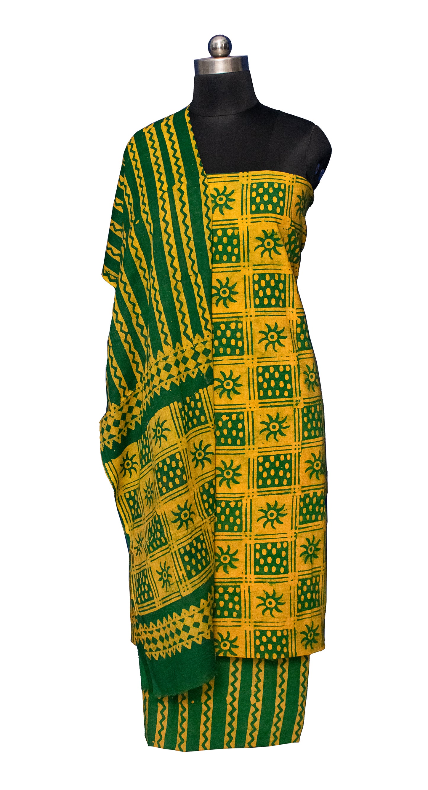 Wax Batik Cotton Two Colour Print Hand Block Print Dress Material with 36 Inch wide Dupatta - 2.4 Mt Top    -  SKU : FJ01701D