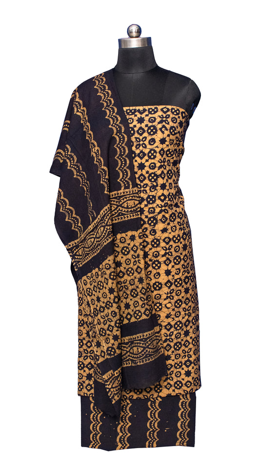 Wax Batik Cotton Two Colour Print Hand Block Print Dress Material with 36 Inch wide Dupatta - 2.4 Mt Top    -  SKU : FJ0170AC