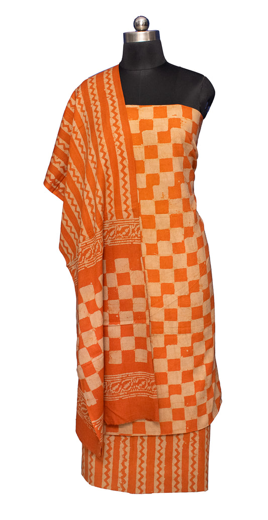 Wax Batik Cotton Two Colour Print Hand Block Print Dress Material with 36 Inch wide Dupatta - 2.4 Mt Top    -  SKU : FJ01701T