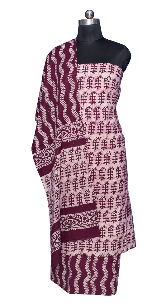 Wax Batik Cotton Two Colour Print Hand Block Print Dress Material with 36 Inch wide Dupatta - 2.4 Mt Top    -  SKU : FJ0170AA