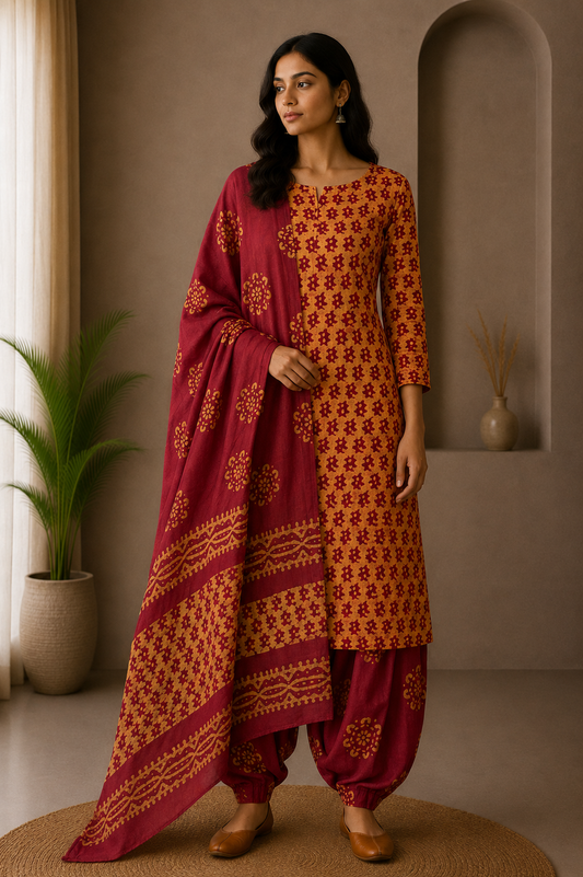 Wax Batik Cotton Two Colour Print Hand Block Print Dress Material with 36 Inch wide Dupatta - 2.4 Mt Top    -  SKU : FJ01701O