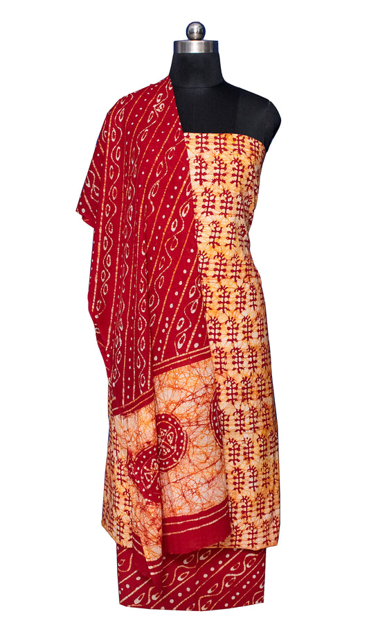 Wax Batik Cotton Two Colour Print Hand Block Print Dress Material with 36 Inch wide Dupatta - 2.4 Mt Top    -  SKU : FJ01701R