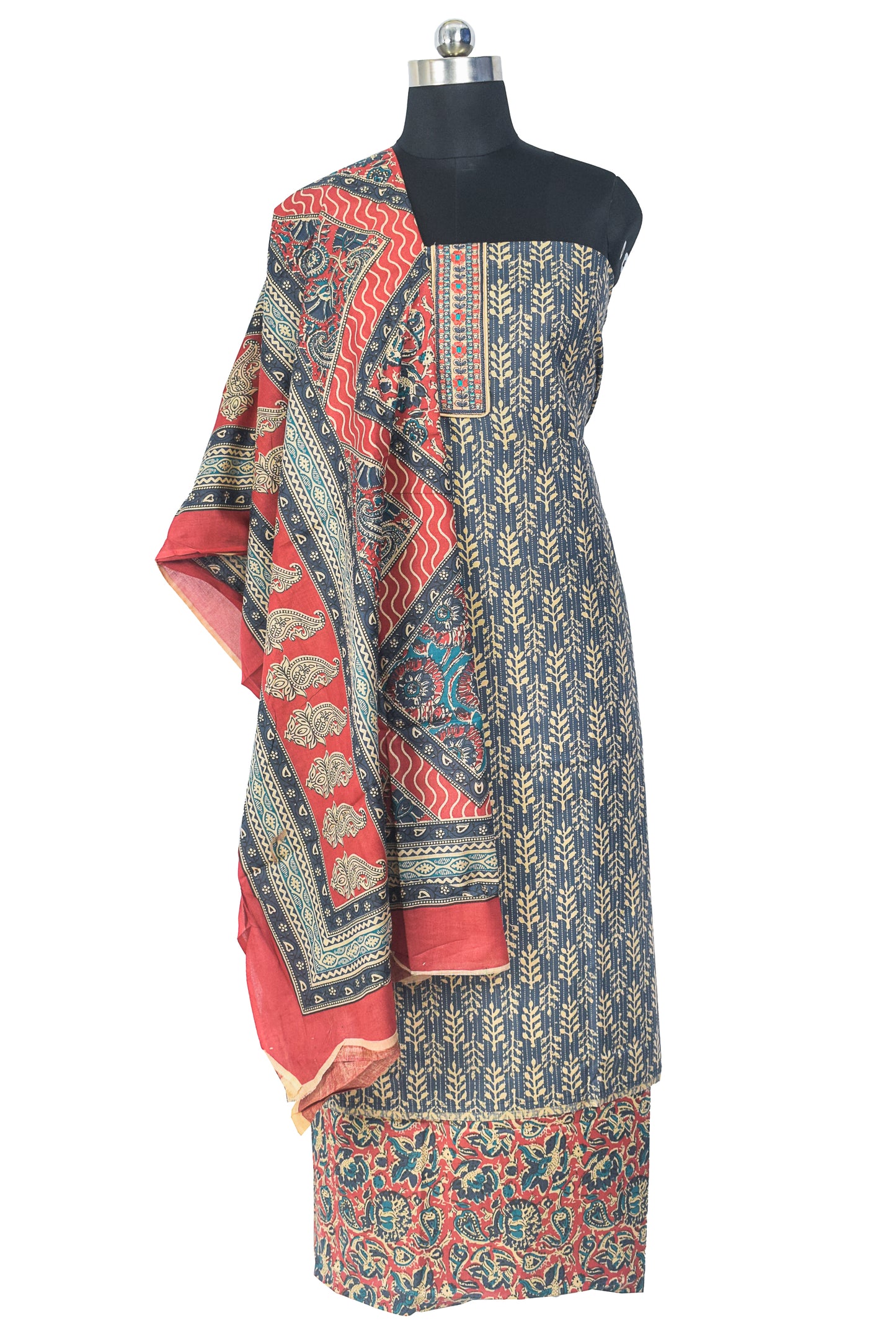 Kantha Print Cotton Machine Embroidery Dress Material  - 2.4 Mt Top    -  SKU : SC20101B