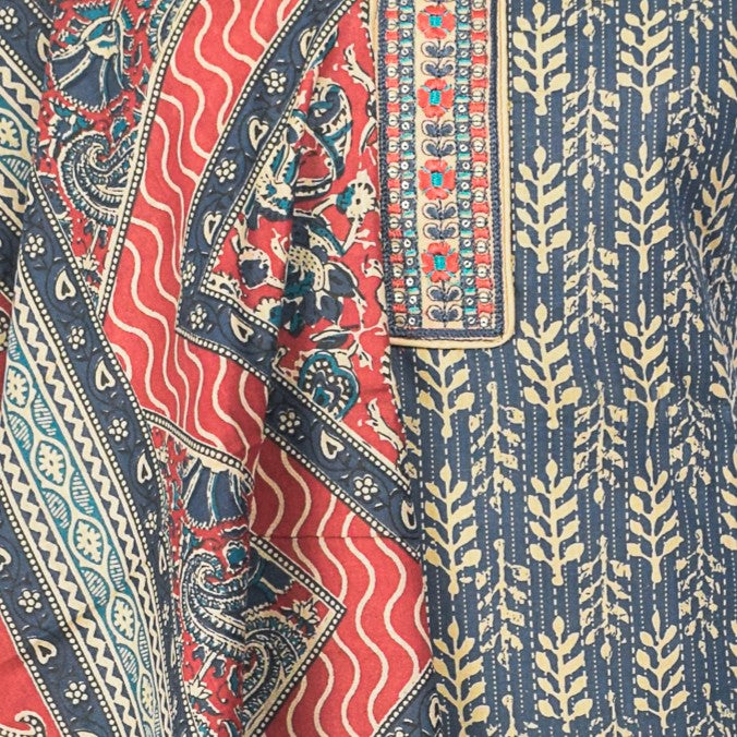 Kantha Print Cotton Machine Embroidery Dress Material  - 2.4 Mt Top    -  SKU : SC20101B