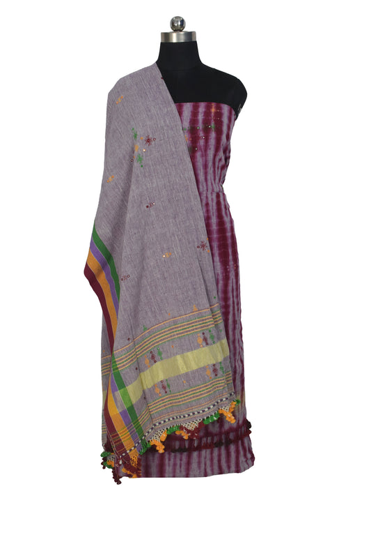 Handloom Woven Kala Cotton Shibori Mirror Work Dress Material - 2.5 Mt Top - SKU : JM11401A