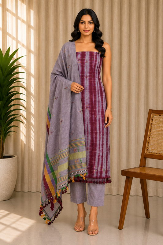 Handloom Woven Kala Cotton Shibori Mirror Work Dress Material  - 2.5 Mt Top    -  SKU : JM11401A